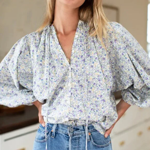 Emerson Fry Elina Blouse Indigo + Purple Calico Size Small - Picture 1 of 5